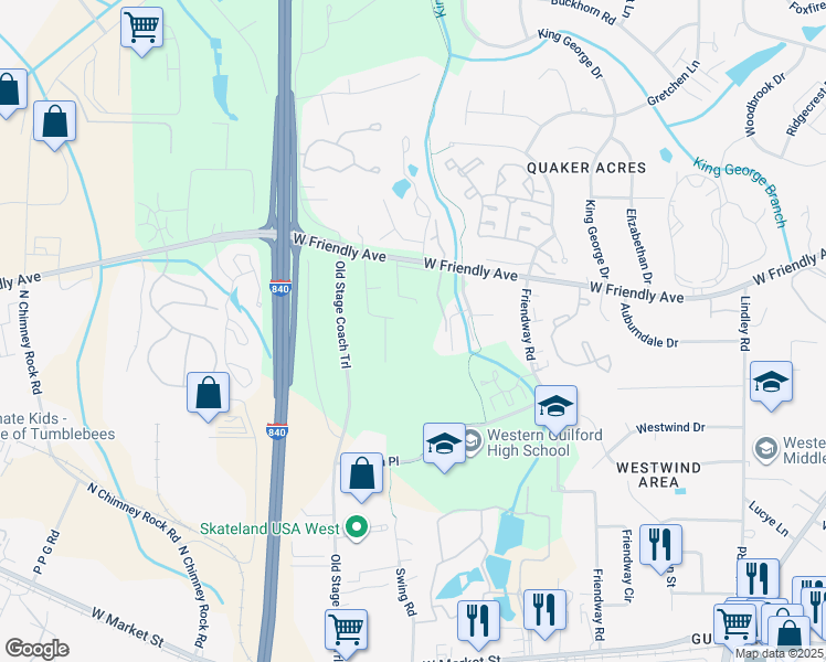 map of restaurants, bars, coffee shops, grocery stores, and more near 6713 Forsythia Drive in Greensboro