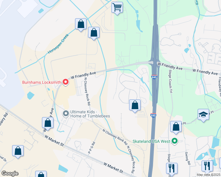 map of restaurants, bars, coffee shops, grocery stores, and more near 7125 West Friendly Avenue in Greensboro