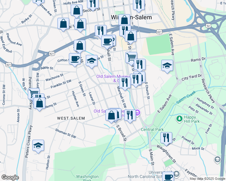map of restaurants, bars, coffee shops, grocery stores, and more near 625 South Poplar Street in Winston-Salem