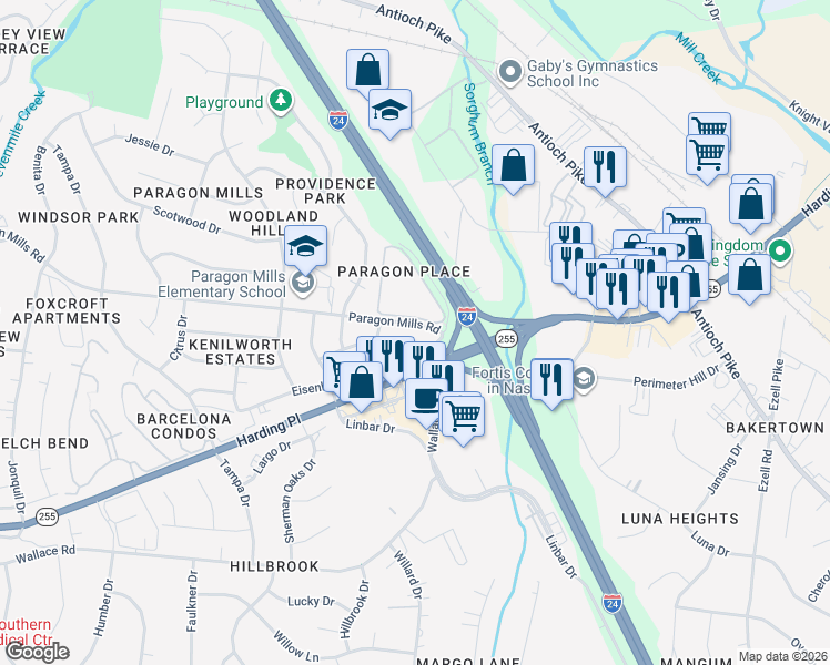 map of restaurants, bars, coffee shops, grocery stores, and more near 200 Paragon Mills Road in Nashville