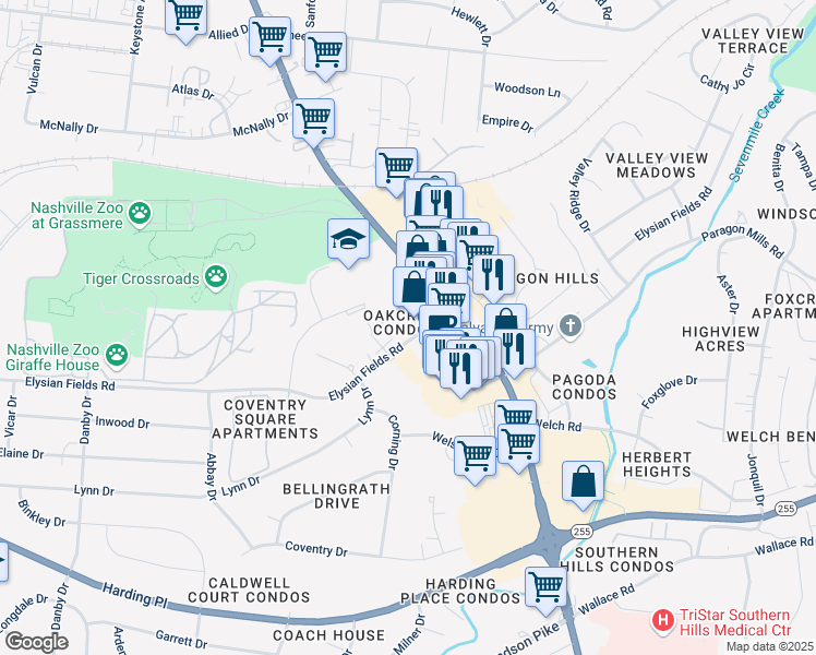map of restaurants, bars, coffee shops, grocery stores, and more near 3813 Nolensville Pike in Nashville