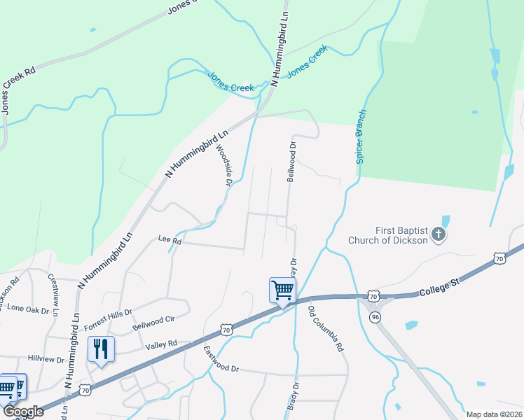 map of restaurants, bars, coffee shops, grocery stores, and more near 404 Broadview Drive in Dickson