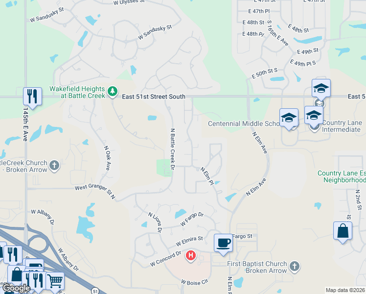 map of restaurants, bars, coffee shops, grocery stores, and more near 3409 North Battle Creek Drive in Broken Arrow