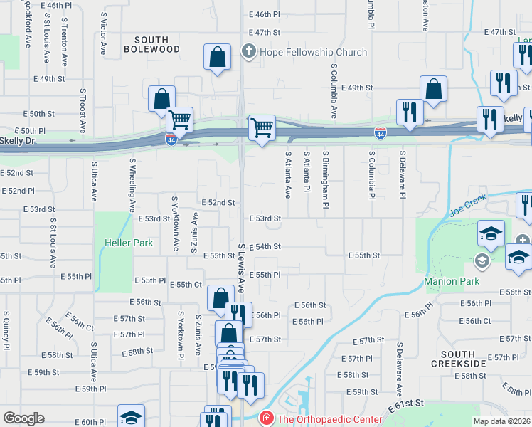 map of restaurants, bars, coffee shops, grocery stores, and more near 5211 South Lewis Court in Tulsa