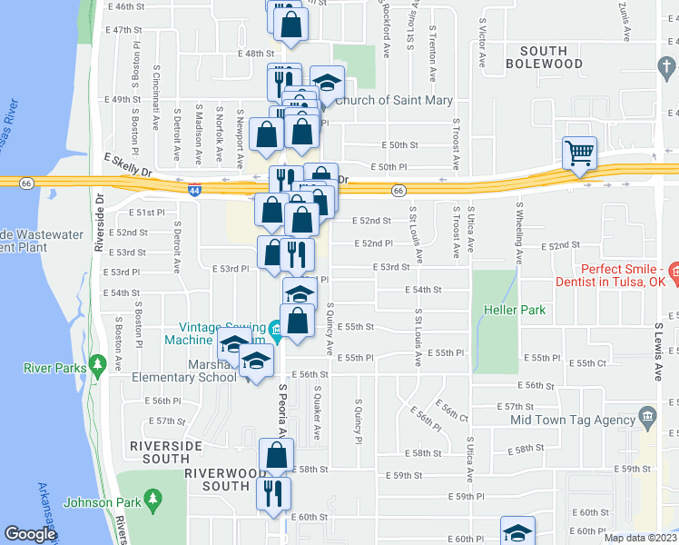 map of restaurants, bars, coffee shops, grocery stores, and more near 1407 East 53rd Street in Tulsa