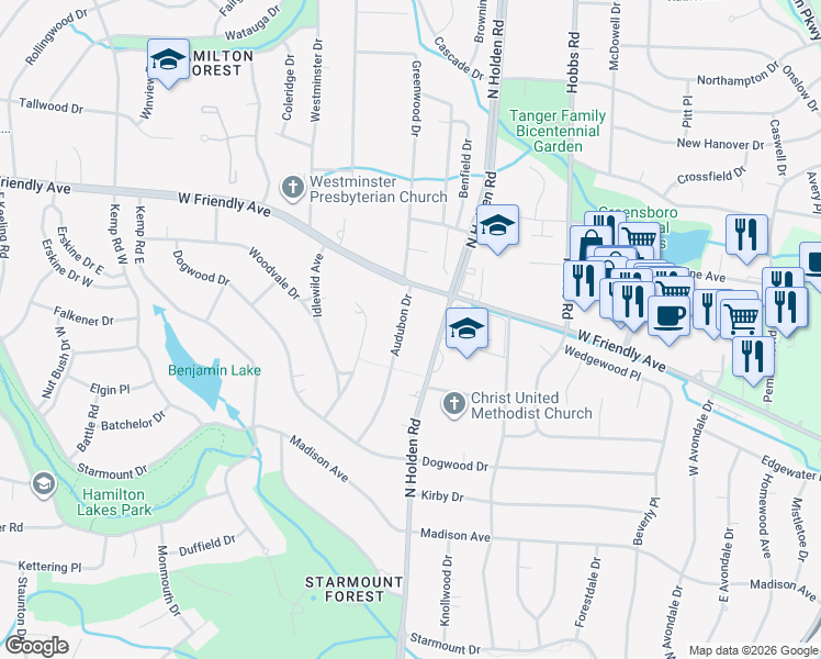 map of restaurants, bars, coffee shops, grocery stores, and more near 3705 West Friendly Avenue in Greensboro