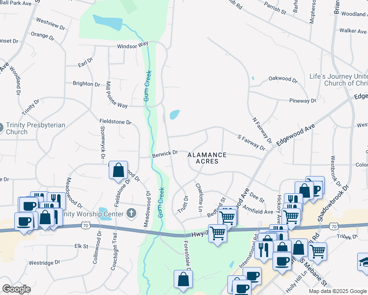 map of restaurants, bars, coffee shops, grocery stores, and more near 3009 Berwick Drive in Burlington