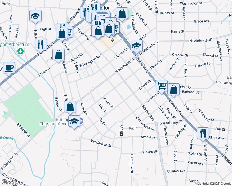 map of restaurants, bars, coffee shops, grocery stores, and more near 609 East Morehead Street in Burlington