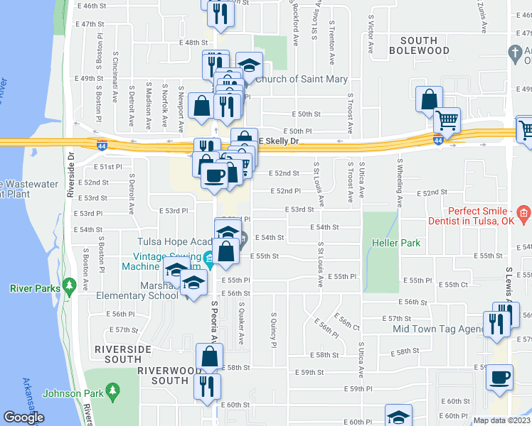 map of restaurants, bars, coffee shops, grocery stores, and more near 1418 East 53rd Street in Tulsa