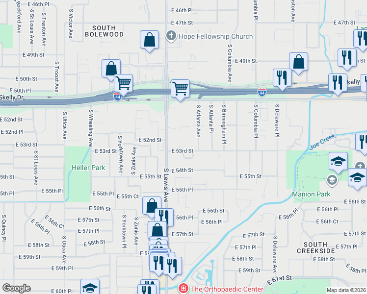 map of restaurants, bars, coffee shops, grocery stores, and more near 5211 South Lewis Court in Tulsa