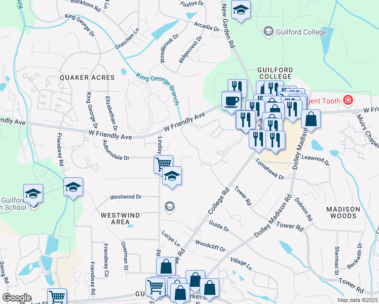 map of restaurants, bars, coffee shops, grocery stores, and more near 528 Lindley Road in Greensboro