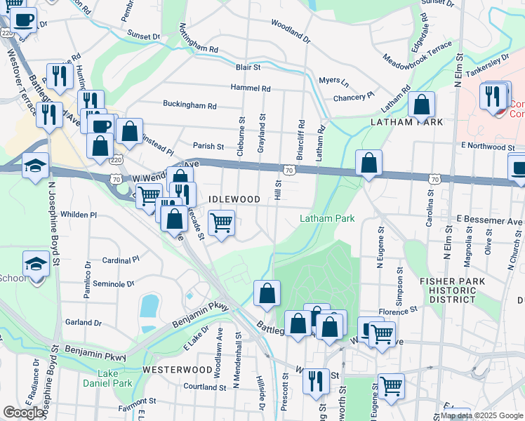 map of restaurants, bars, coffee shops, grocery stores, and more near 911 West Bessemer Avenue in Greensboro