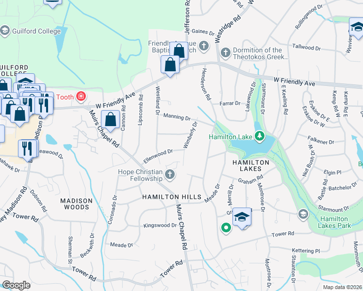 map of restaurants, bars, coffee shops, grocery stores, and more near 5003 Lancaster Road in Greensboro