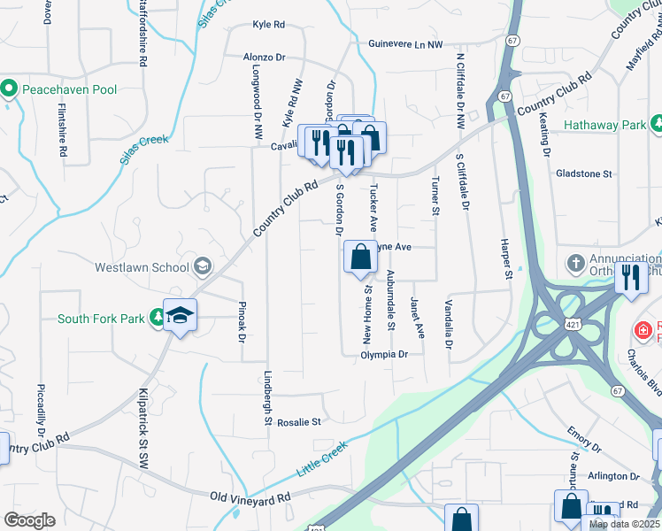 map of restaurants, bars, coffee shops, grocery stores, and more near 208 South Gordon Drive in Winston-Salem