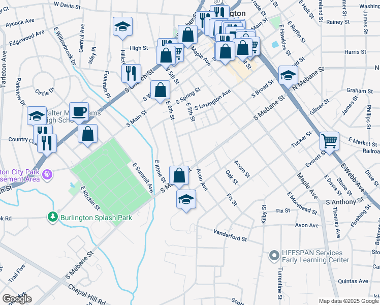 map of restaurants, bars, coffee shops, grocery stores, and more near 416 Avon Avenue in Burlington