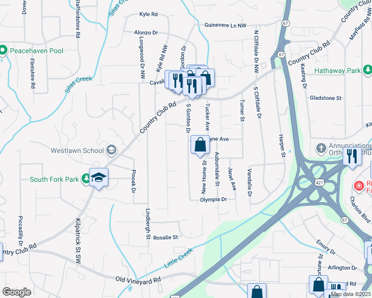 map of restaurants, bars, coffee shops, grocery stores, and more near 208 South Gordon Drive in Winston-Salem