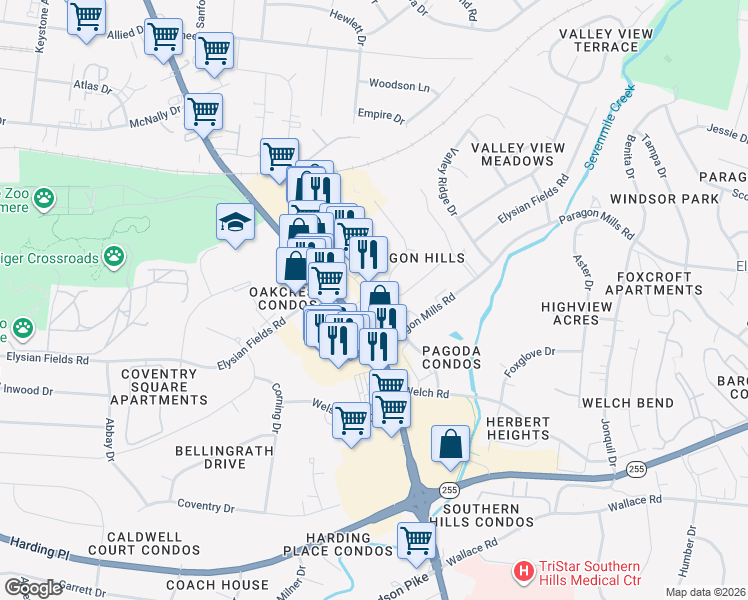 map of restaurants, bars, coffee shops, grocery stores, and more near 361 Elysian Fields Road in Nashville