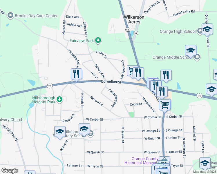 map of restaurants, bars, coffee shops, grocery stores, and more near 626 Childsberg Way in Hillsborough