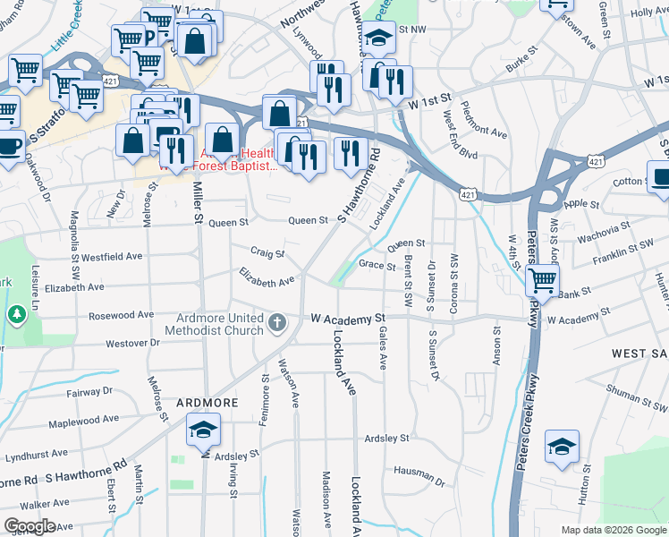 map of restaurants, bars, coffee shops, grocery stores, and more near 445 South Hawthorne Road in Winston-Salem