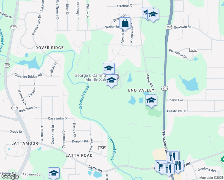 map of restaurants, bars, coffee shops, grocery stores, and more near 227 Milton Road in Durham
