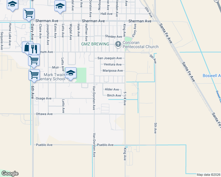 map of restaurants, bars, coffee shops, grocery stores, and more near in Corcoran
