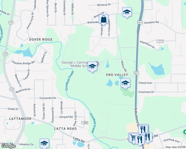 map of restaurants, bars, coffee shops, grocery stores, and more near 227 Milton Road in Durham