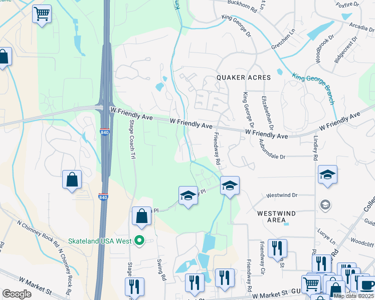map of restaurants, bars, coffee shops, grocery stores, and more near 6625 Nora Drive in Greensboro