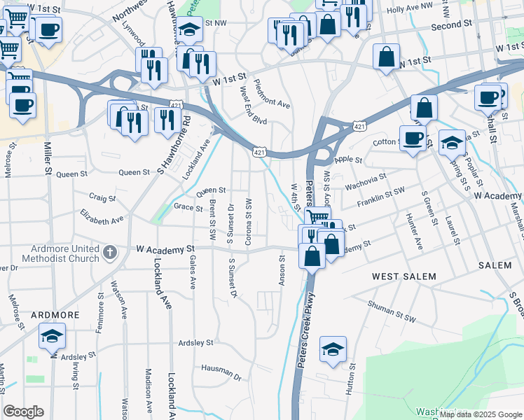 map of restaurants, bars, coffee shops, grocery stores, and more near 417 Corona Street in Winston-Salem