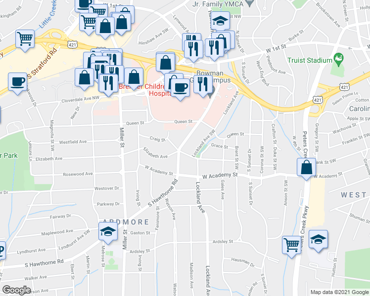 map of restaurants, bars, coffee shops, grocery stores, and more near 445 South Hawthorne Road in Winston-Salem