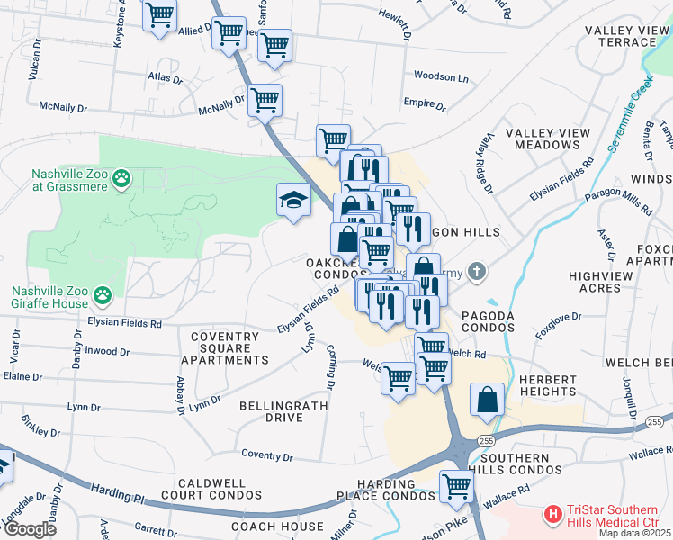 map of restaurants, bars, coffee shops, grocery stores, and more near 3813 Nolensville Pike in Nashville