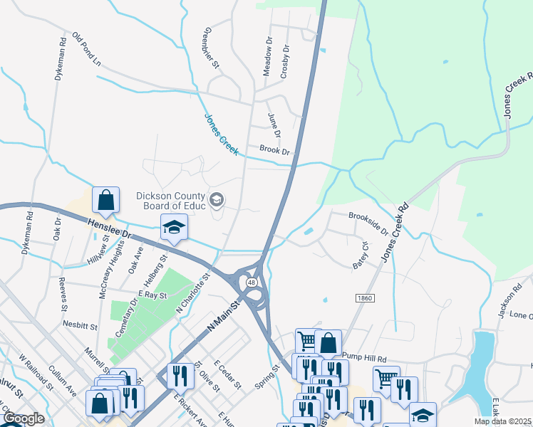 map of restaurants, bars, coffee shops, grocery stores, and more near 812 North Charlotte Street in Dickson