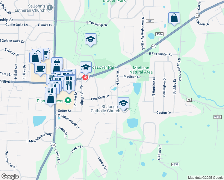 map of restaurants, bars, coffee shops, grocery stores, and more near 3300 Cherokee Drive in Fayetteville