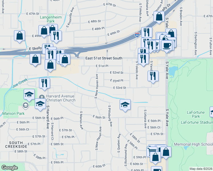 map of restaurants, bars, coffee shops, grocery stores, and more near 4016 East 52nd Place in Tulsa