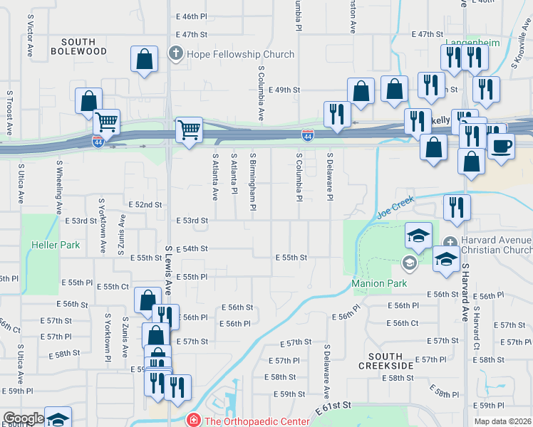 map of restaurants, bars, coffee shops, grocery stores, and more near 5230 South Columbia Avenue in Tulsa
