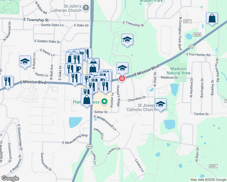 map of restaurants, bars, coffee shops, grocery stores, and more near 1865 Hunter's Ridge in Fayetteville