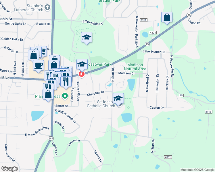 map of restaurants, bars, coffee shops, grocery stores, and more near 3300 Cherokee Drive in Fayetteville