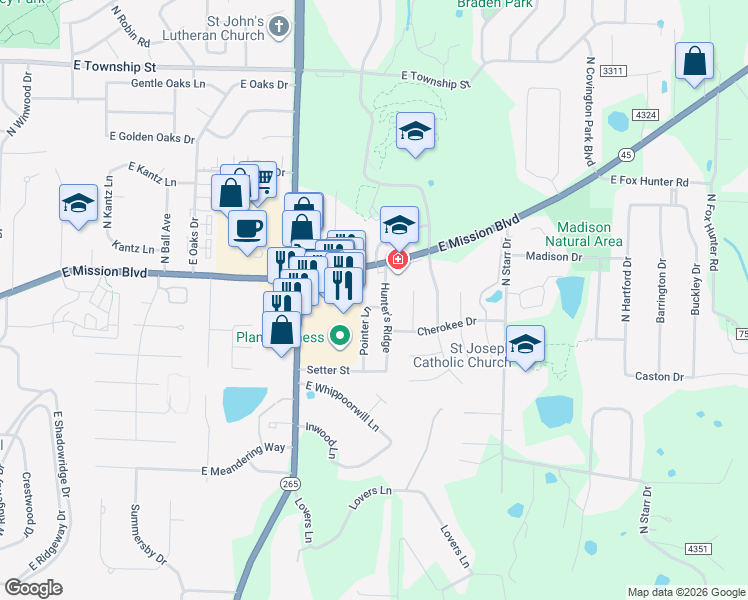 map of restaurants, bars, coffee shops, grocery stores, and more near 1865 Hunter's Ridge in Fayetteville