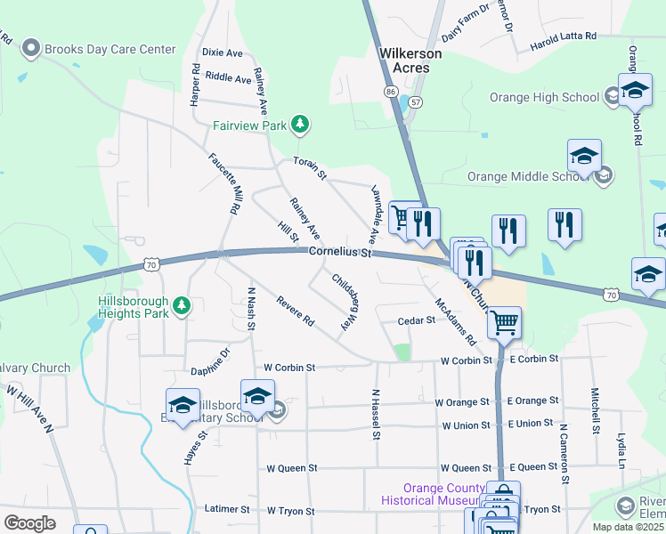 map of restaurants, bars, coffee shops, grocery stores, and more near 626 Childsberg Way in Hillsborough
