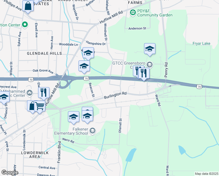 map of restaurants, bars, coffee shops, grocery stores, and more near 4302 Parker Street in Greensboro