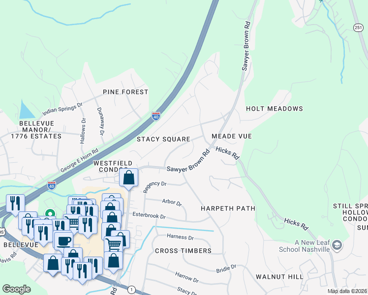 map of restaurants, bars, coffee shops, grocery stores, and more near 236 New Sawyer Brown Road in Nashville