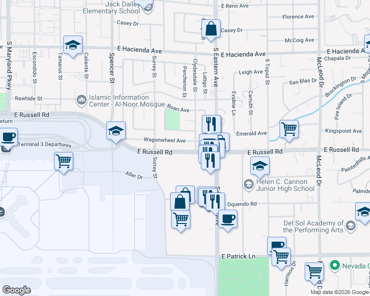 map of restaurants, bars, coffee shops, grocery stores, and more near 2246 East Russell Road in Las Vegas