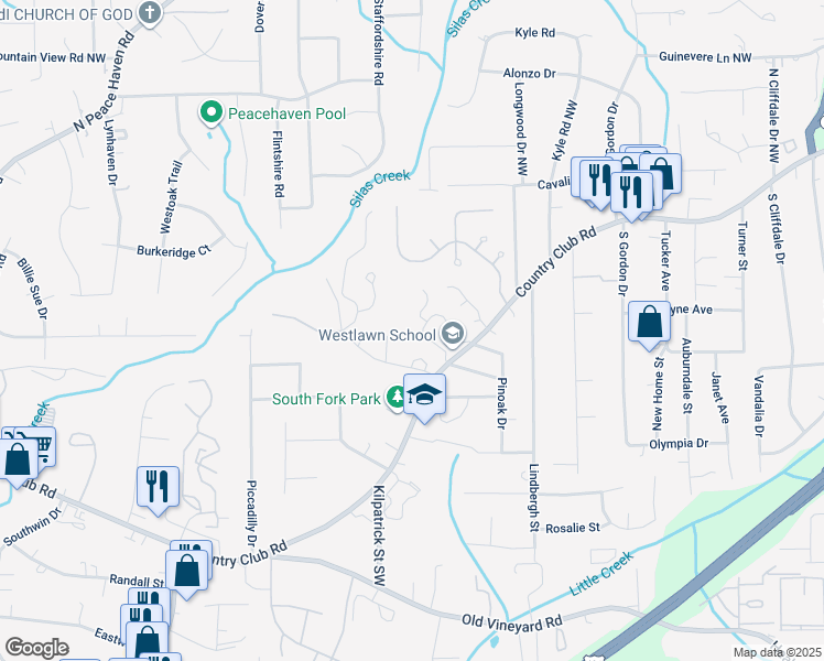 map of restaurants, bars, coffee shops, grocery stores, and more near 147 Forest View Drive in Winston-Salem