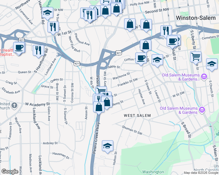 map of restaurants, bars, coffee shops, grocery stores, and more near 408a Spaugh Street Southwest in Winston-Salem