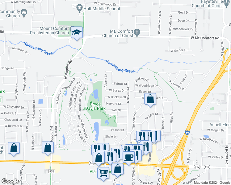 map of restaurants, bars, coffee shops, grocery stores, and more near 3437 West Essex Drive in Fayetteville