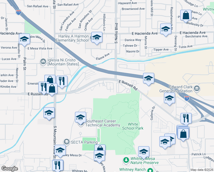 map of restaurants, bars, coffee shops, grocery stores, and more near 6355 E Russell Rd in Las Vegas