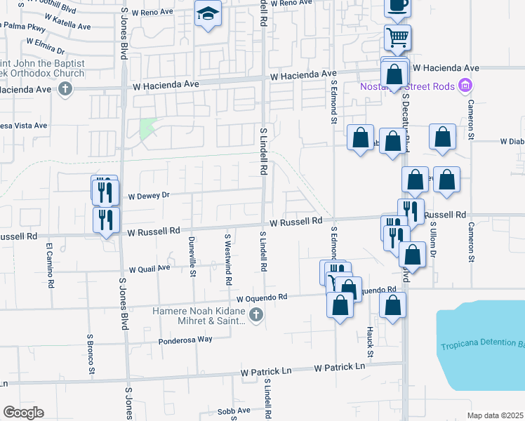 map of restaurants, bars, coffee shops, grocery stores, and more near South Lindell Road in Spring Valley
