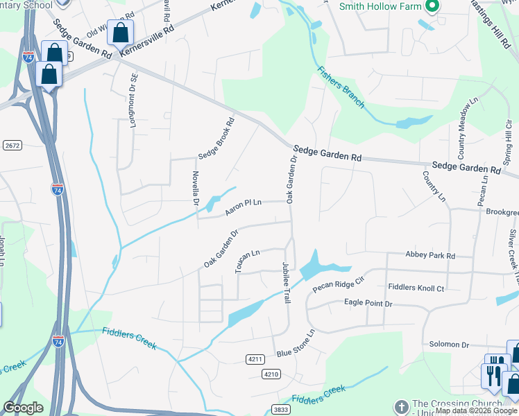 map of restaurants, bars, coffee shops, grocery stores, and more near 6041 Aaron Place Lane in Kernersville