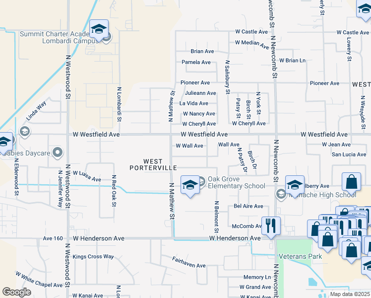 map of restaurants, bars, coffee shops, grocery stores, and more near 1945 West Wall Avenue in Porterville