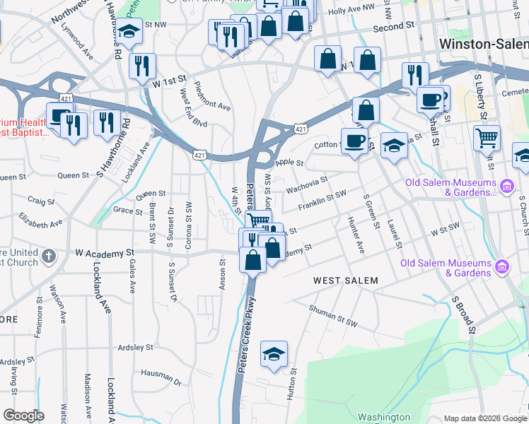 map of restaurants, bars, coffee shops, grocery stores, and more near 365 Peters Creek Parkway in Winston-Salem