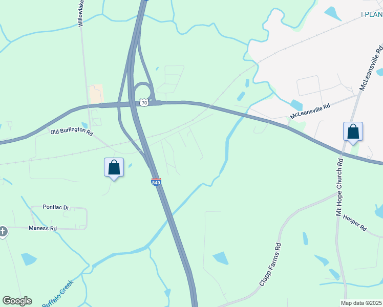 map of restaurants, bars, coffee shops, grocery stores, and more near 4628 Old Burlington Road in Greensboro
